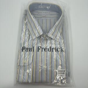Paul Fredrick Men’s Dress Shirt 20-35 Blue Yellow Stripe Classic Fit Non-Iron
